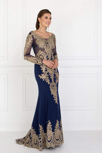 Elizabeth K - GL1597 Illusion Long Sleeve Gilded Lace Sheath Gown Special Occasion Dress XS / Navy