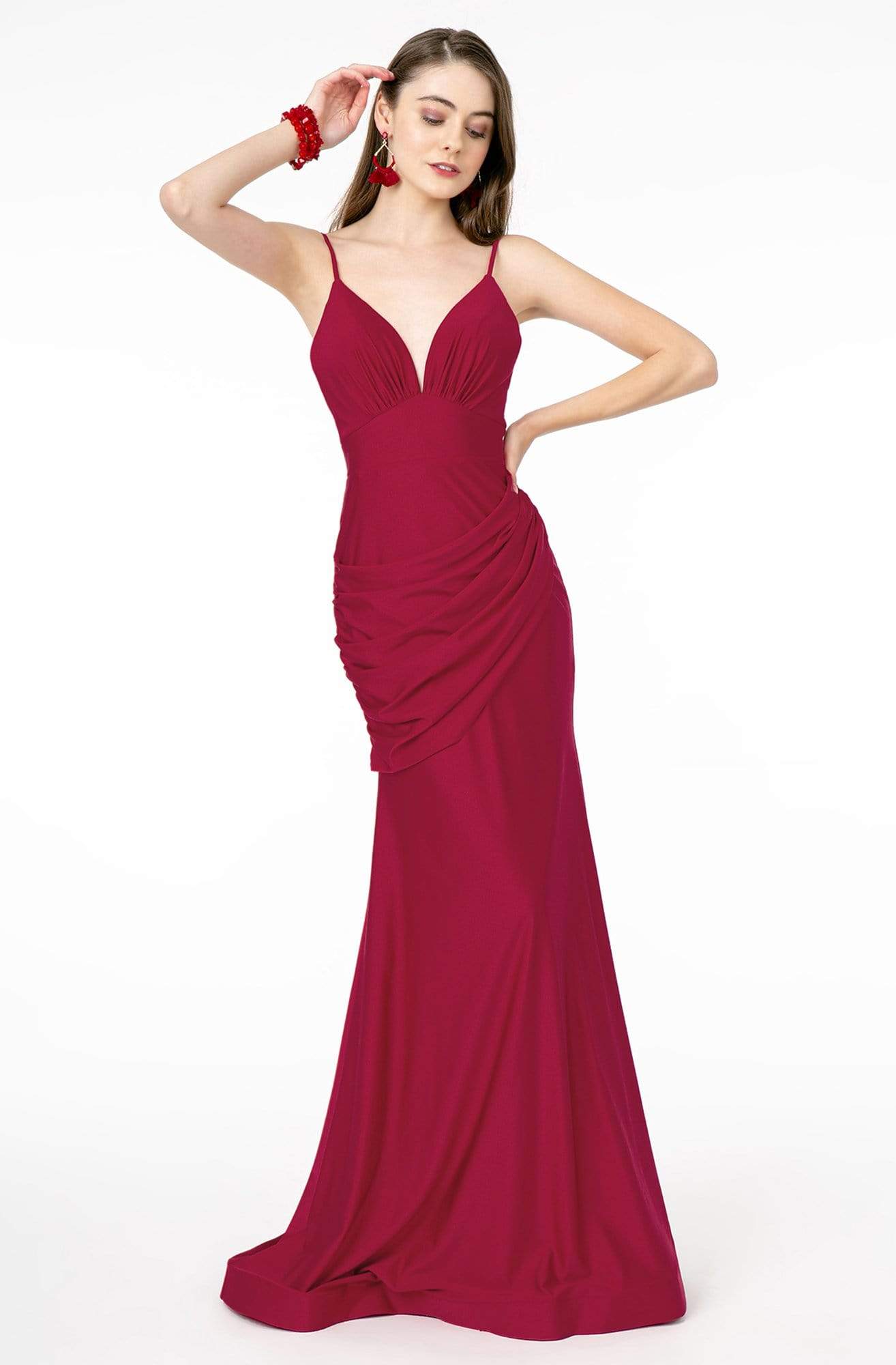 Elizabeth K - GL1815 Spaghetti Strap Draped Ornate Mermaid Dress Prom Dresses XS / Burgundy