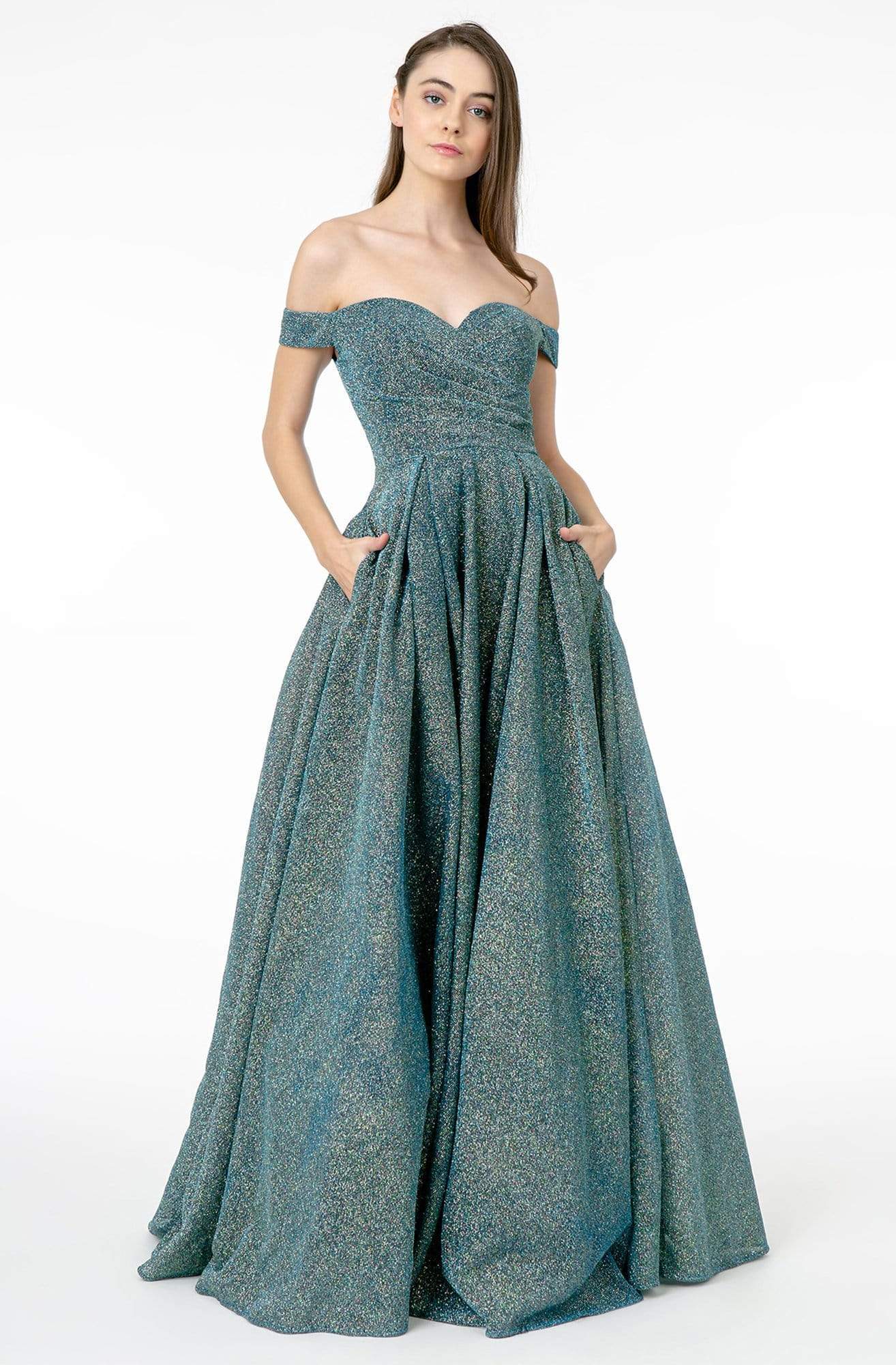 Elizabeth K - GL1827 Glitter Lame Off Shoulder A-Line Gown Prom Dresses XS / Teal