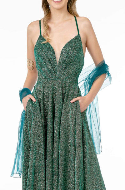 Elizabeth K - GL1828 Plunging Pleat-Ornate Bodice Glitter Lame Gown Prom Dresses