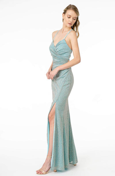 Elizabeth K - GL1831 V-Neck Bodycon Glitter Crepe Long Dress Evening Dresses XS / Blue