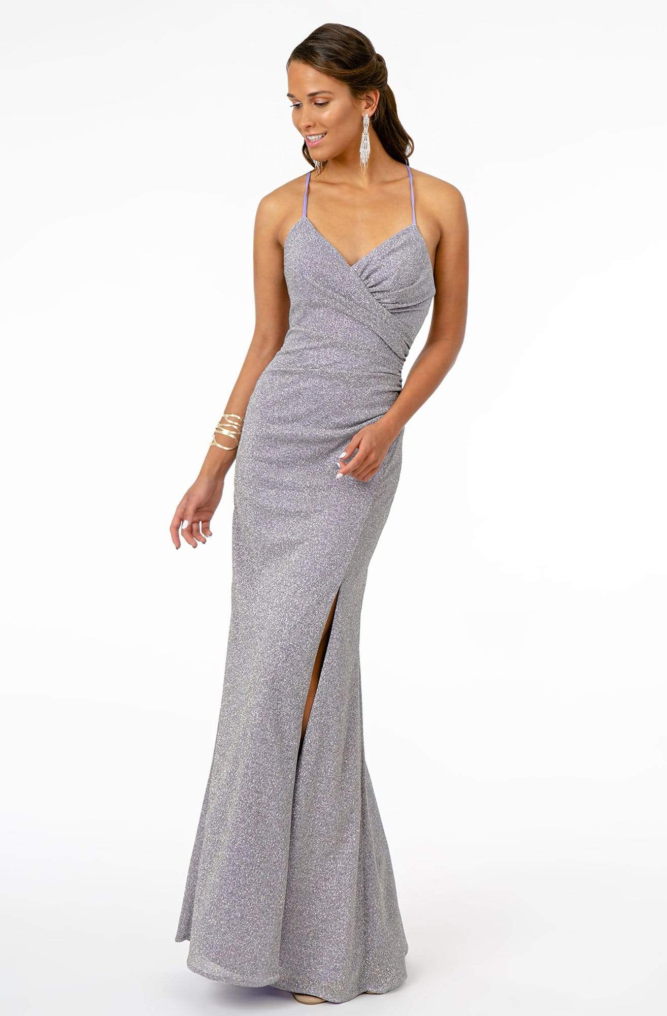Elizabeth K - GL1831 V-Neck Bodycon Glitter Crepe Long Dress Evening Dresses XS / Lilac