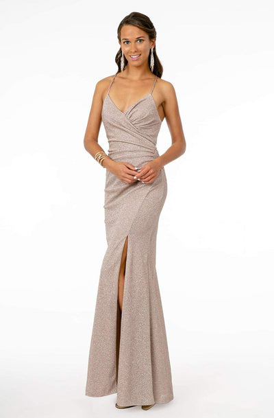 Elizabeth K - GL1831 V-Neck Bodycon Glitter Crepe Long Dress Evening Dresses XS / Rose Gold