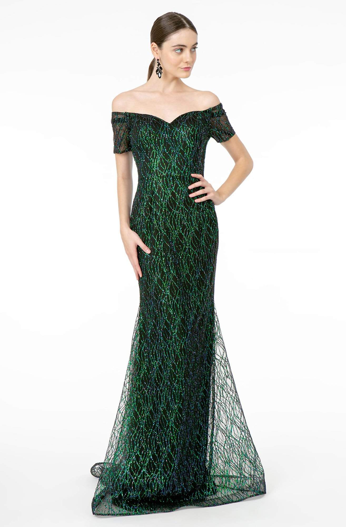 Elizabeth K - GL1846 Short Sleeve Glimmer Long Mermaid Gown Evening Dresses XS / Black/Green