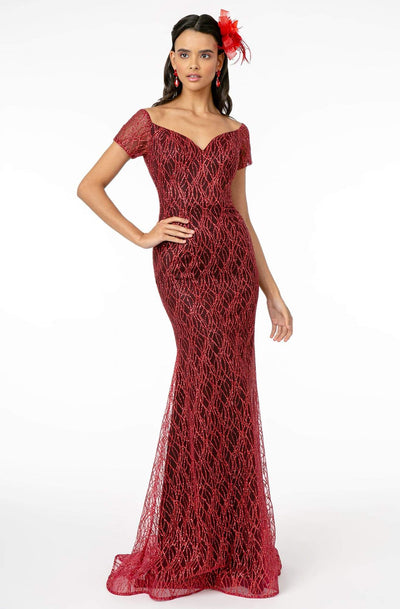 Elizabeth K - GL1846 Short Sleeve Glimmer Long Mermaid Gown Evening Dresses XS / Burgundy