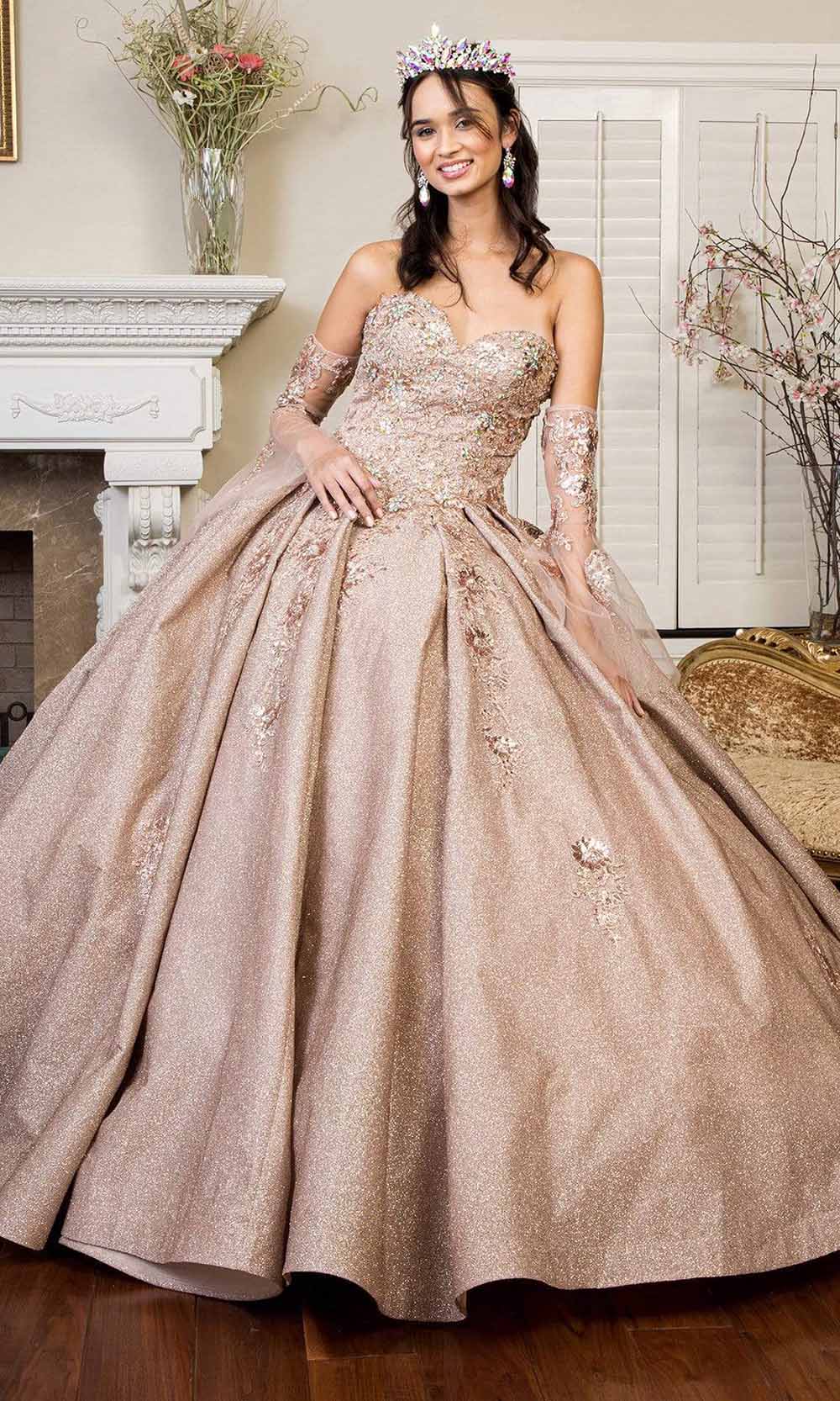 Elizabeth K - GL1912 Embroidered Ballgown With Sheer Bell Sleeves Quinceanera Dresses XS / Rose Gold