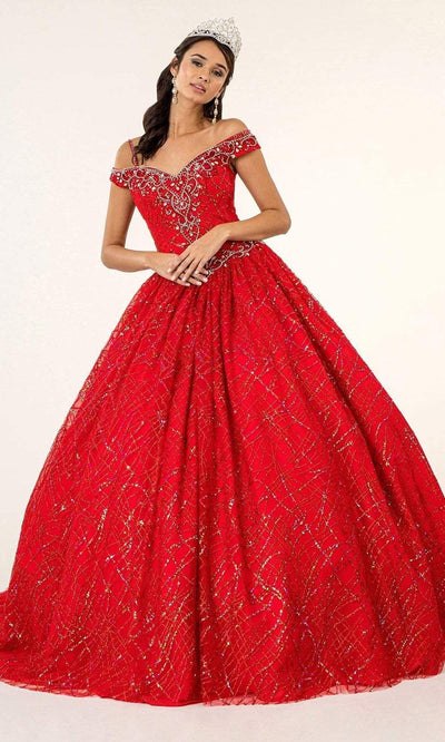 Elizabeth K - GL1928 Jewel Beaded Glitter Print Mesh Ballgown Quinceanera Dresses XS / Red