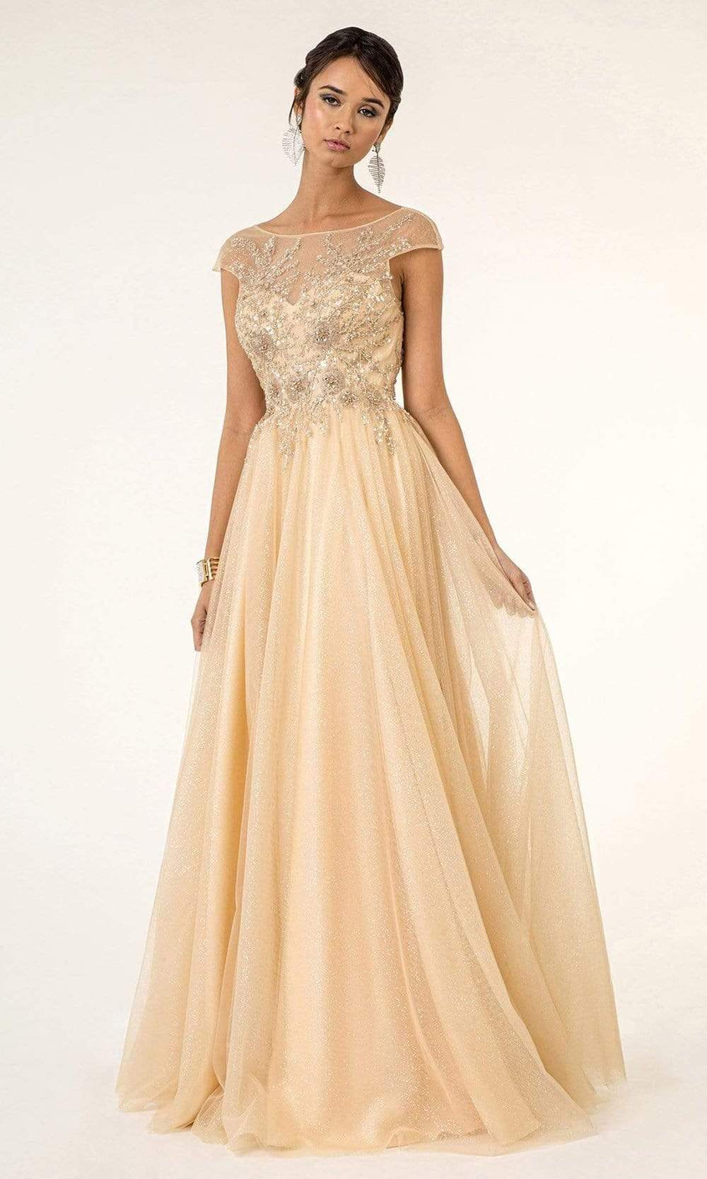 Elizabeth K - GL1954 Embellished Bateau Mesh A-line Gown Evening Dresses XS / Champagne
