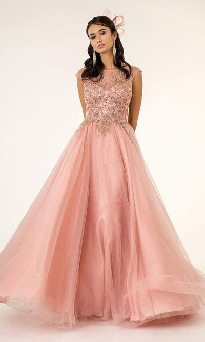 Elizabeth K - GL1954 Embellished Bateau Mesh A-line Gown Evening Dresses XS / D/Rose