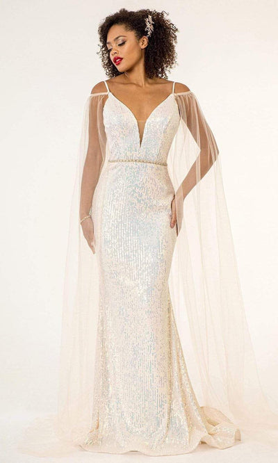 Elizabeth K - GL1955 Cape Sleeve Sequined Sheath Dress Prom Dresses XS / Champagne