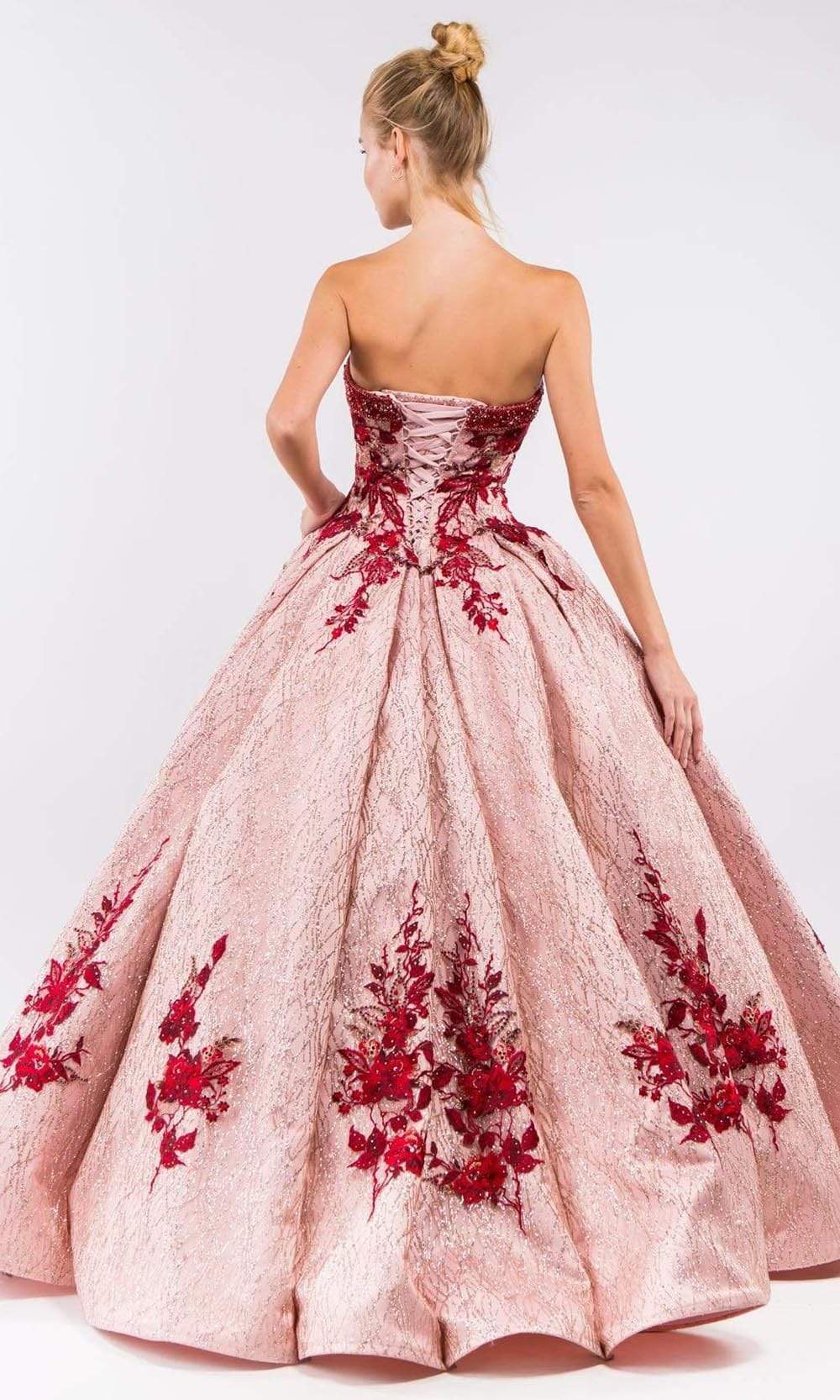Elizabeth K - GL1957 Rosette Embroidered Ballgown Special Occasion Dress In Pink and Red