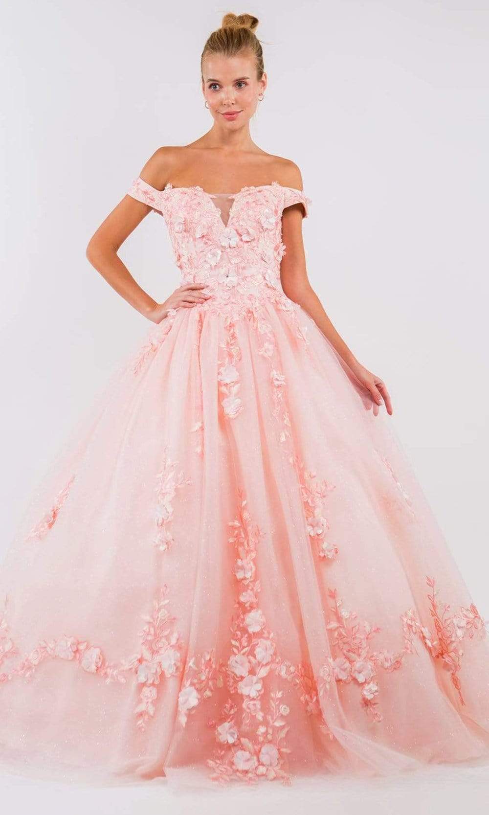 Elizabeth K - GL1958 Floral Applique Off Shoulder Ballgown Special Occasion Dresses XS / Blush