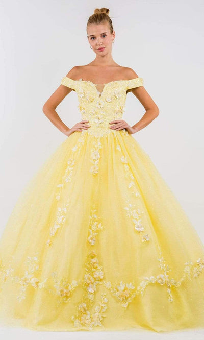 Elizabeth K - GL1958 Floral Applique Off Shoulder Ballgown Special Occasion Dresses XS / Yellow