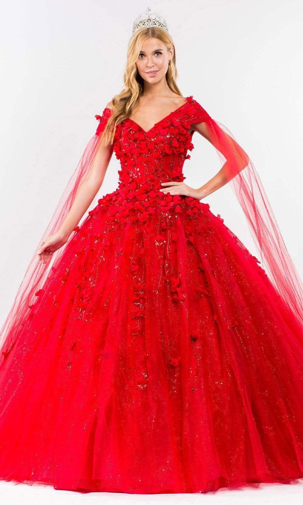 Elizabeth K - GL1974 Cape Sleeve Applique Ballgown Special Occasion Dresses XS / Red