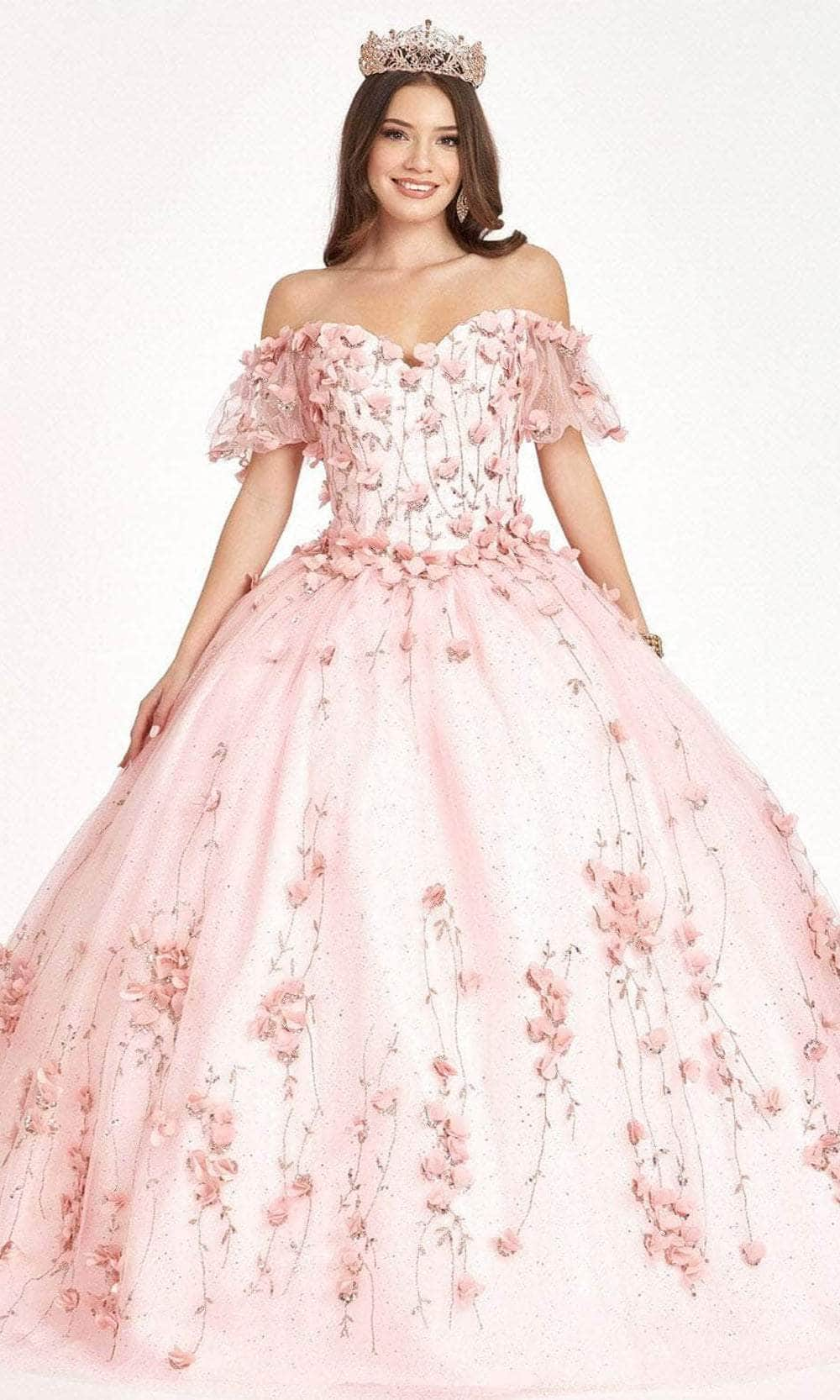 Elizabeth K GL1975 - Floral Glitter Ballgown Special Occasion Dress XS / Blush