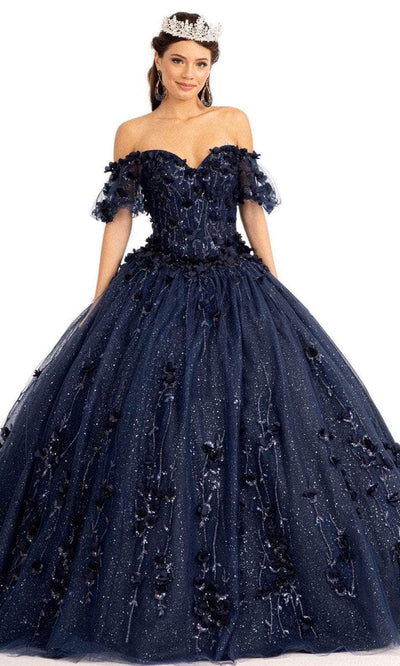 Elizabeth K GL1975 - Floral Glitter Ballgown Special Occasion Dress XS / Navy