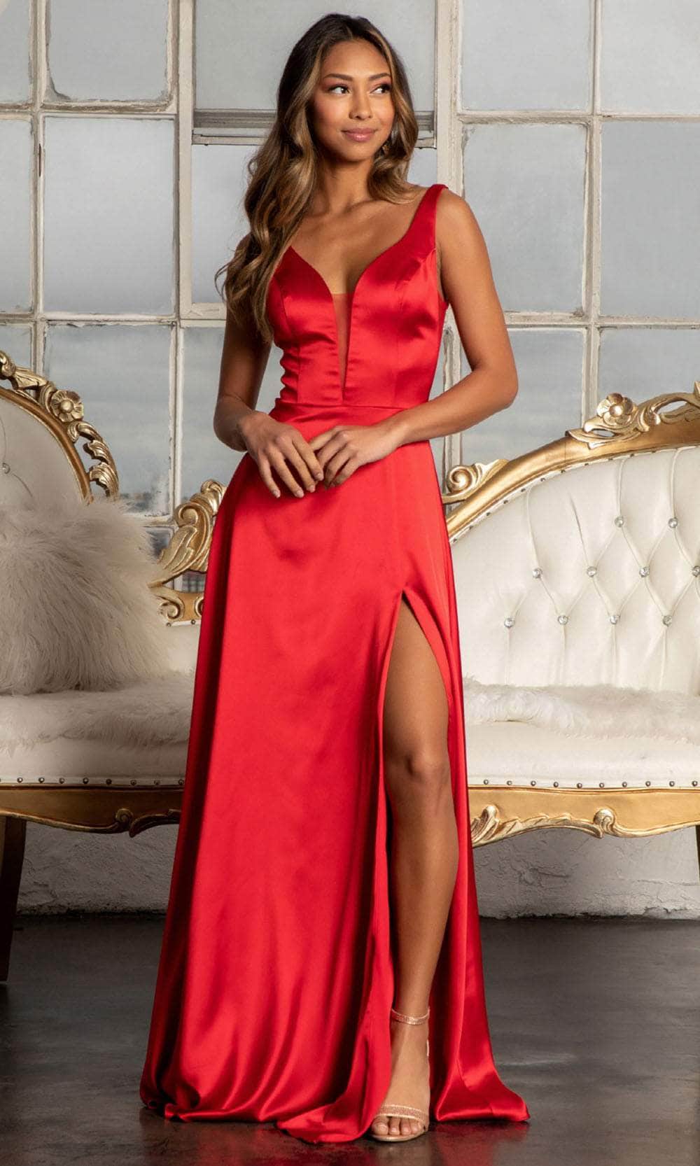 Elizabeth K GL1992 - Plunging Bodice Satin Prom Dress Special Occasion Dress XS / Red