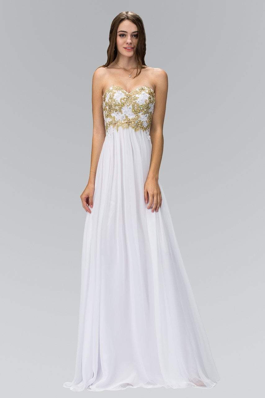 Elizabeth K - GL2050 Strapless Beaded Floral Applique Gown Special Occasion Dress XS / White