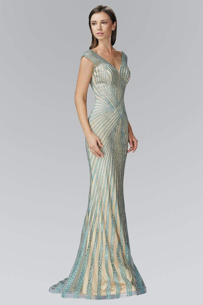 Elizabeth K - GL2053 Radial Beaded Mesh Sheath Gown Special Occasion Dress XS / Mint/Nude