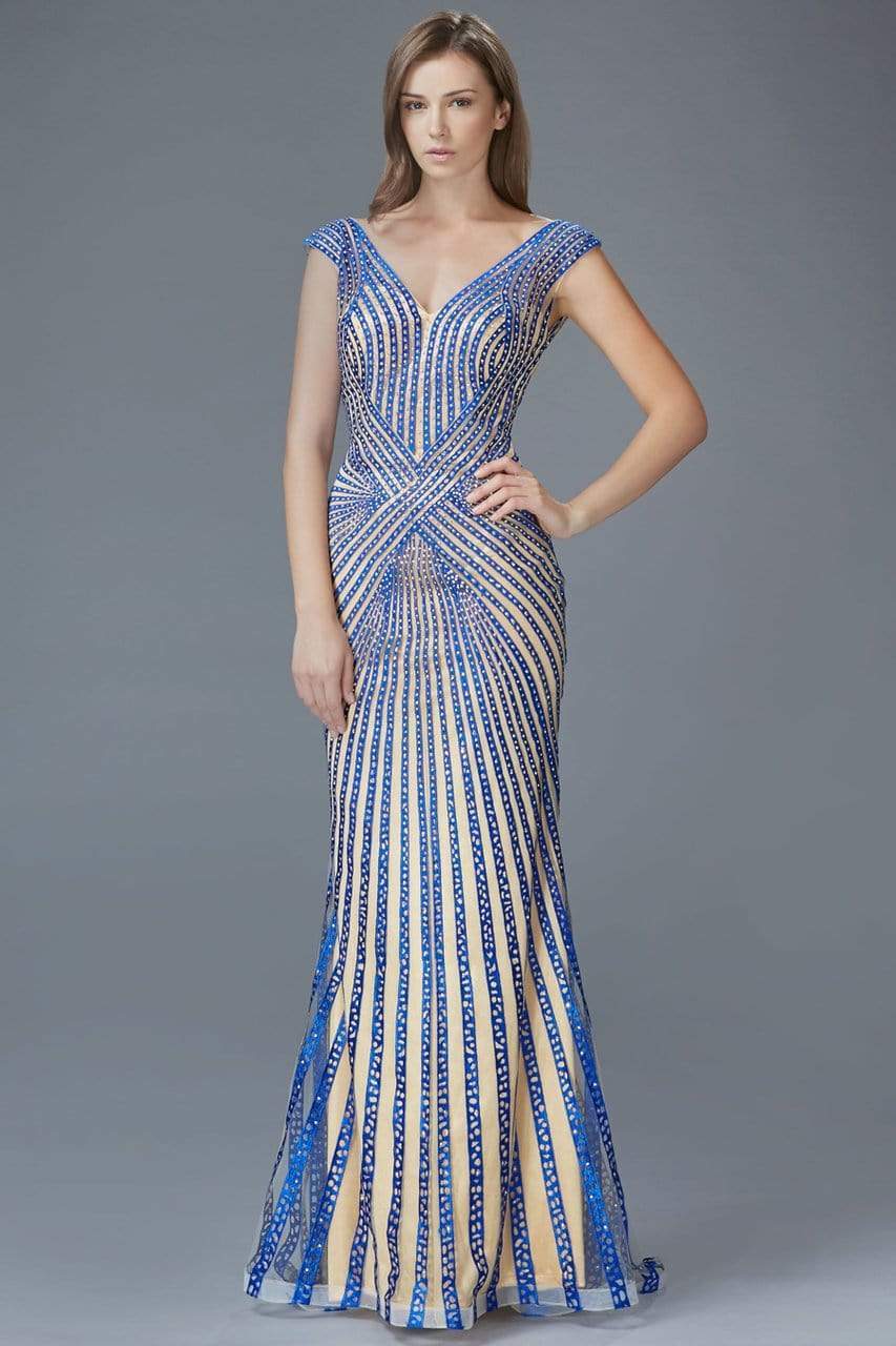 Elizabeth K - GL2053 Radial Beaded Mesh Sheath Gown Special Occasion Dress XS / R.Blue/Nude