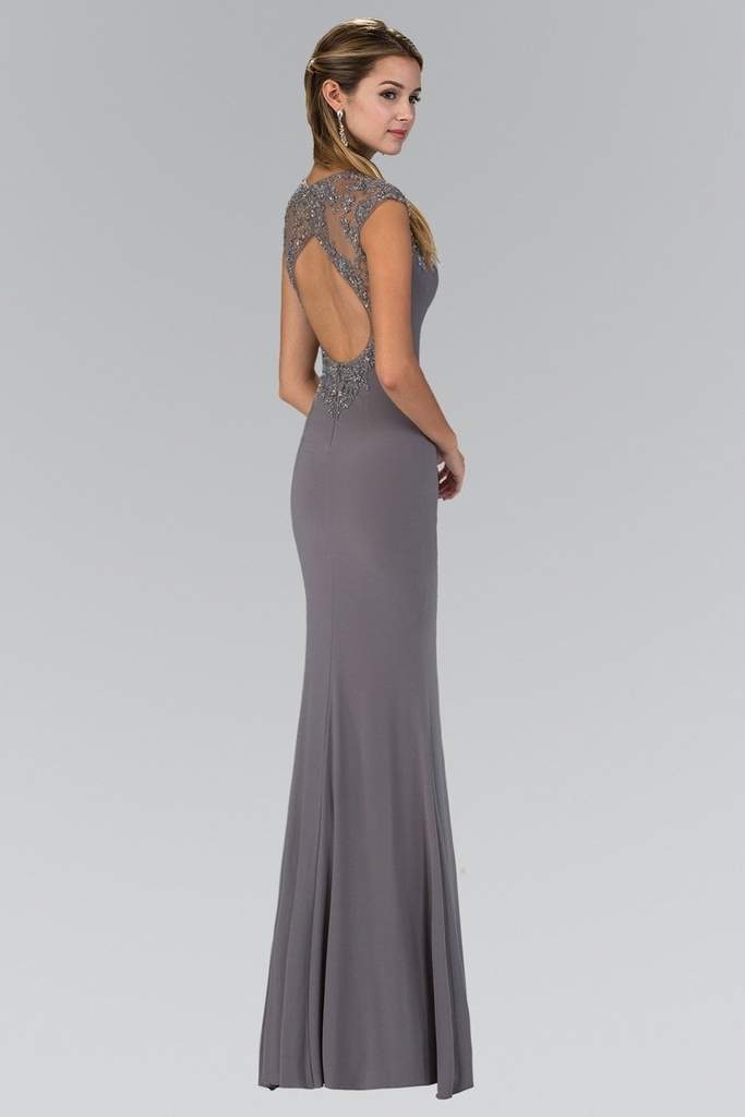 Elizabeth K GL2058 - Long Sheath Dress - High neckline, Beading details, Keyhole in front, Fitted bodice 2XL / Gray Elizabeth K GL2058 - Long Sheath Dress - High neckline, Beading details, Keyhole in front, Fitted bodice 2XL / Gray