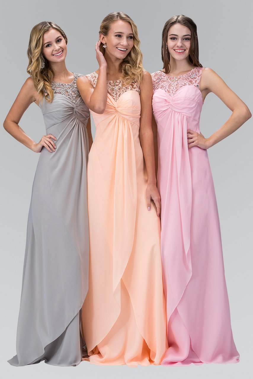 Elizabeth K - GL2061 Beaded Illusion Scoop Neck Chiffon Dress Special Occasion Dress XS / Peach