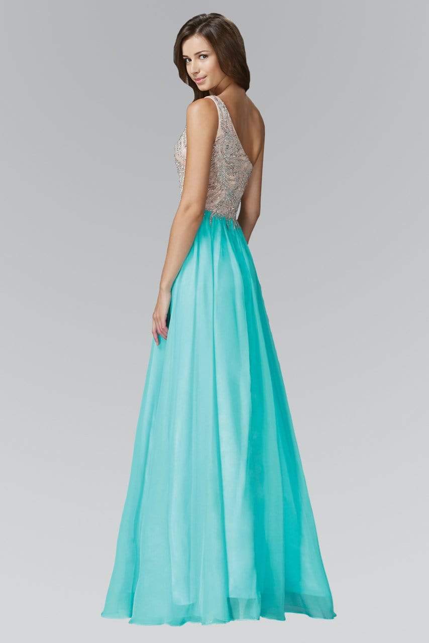 Elizabeth K - GL2094 Bead Embellished Asymmetric Neck Chiffon Gown Special Occasion Dress XS / Blue