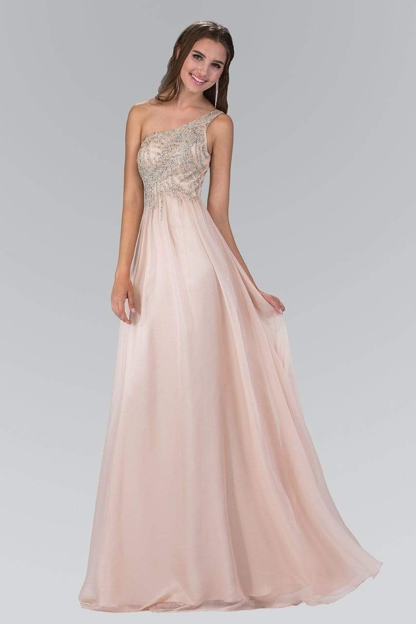 Elizabeth K - GL2094 Bead Embellished Asymmetric Neck Chiffon Gown Special Occasion Dress XS / Taupe