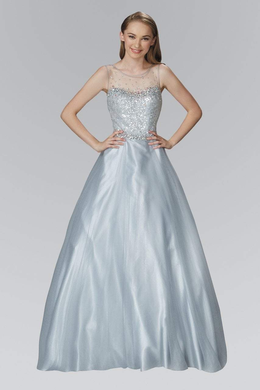 Elizabeth K - GL2111 Embellished Sheer Bodice and Back Tulle Gown Special Occasion Dress XS / Silver