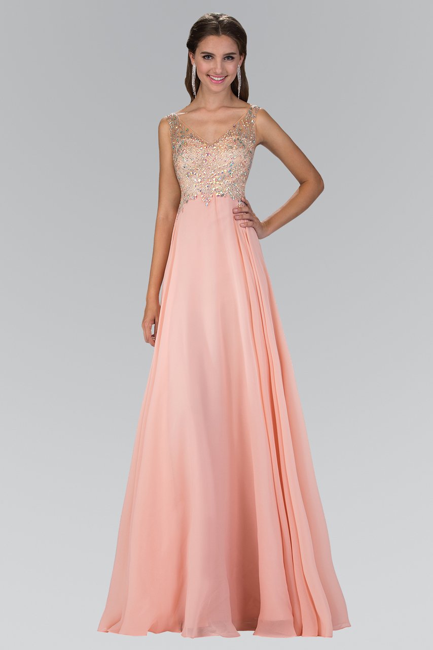 Elizabeth K - GL2116 Bejeweled V-Neck Chiffon Gown Special Occasion Dress XS / Peach