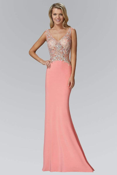 Elizabeth K - GL2128 Jewel Embellished V-Neck Gown Special Occasion Dress XS / Coral