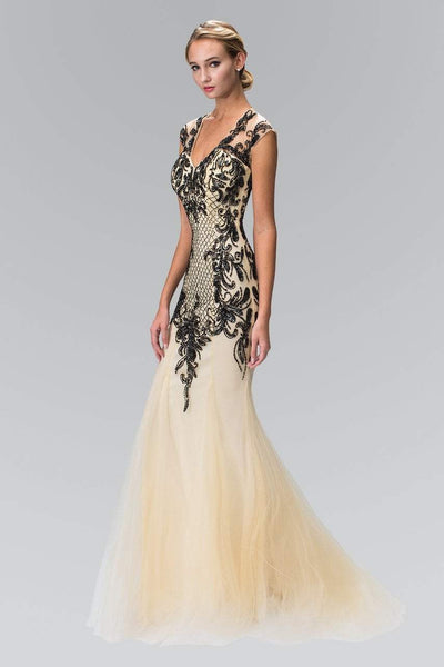 Elizabeth K - GL2169 V-neckline with Open Back Beaded Gown Special Occasion Dress XS / Champagne/Black