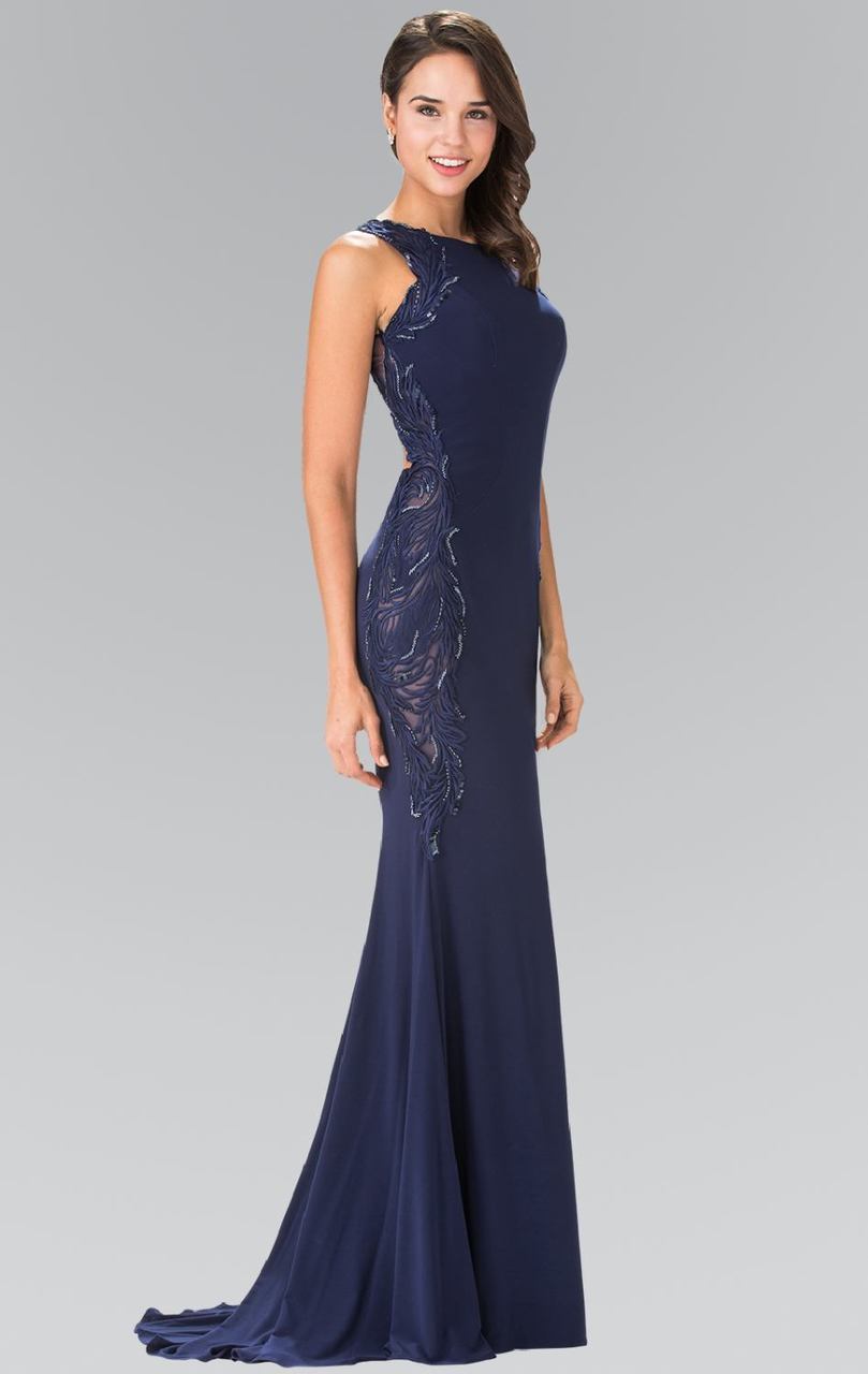 Elizabeth K - GL2222 Embellished Scoop Neck Jersey Sheath Dress Special Occasion Dress XS / Navy