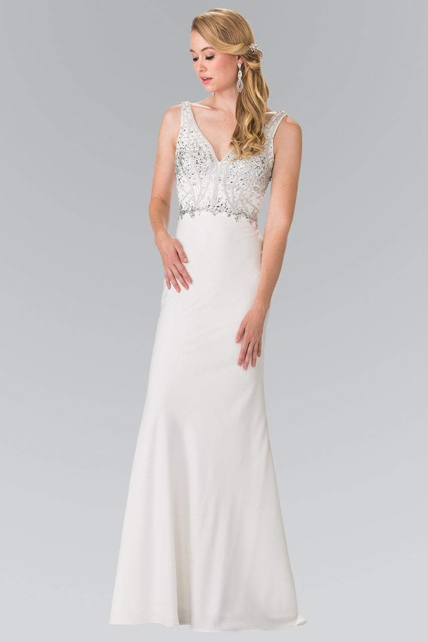 Elizabeth K - GL2261 V-Neck with Beads and Jewels Embellished Gown Evening Dresses XS / White