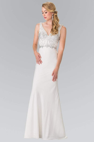 Elizabeth K - GL2261 V-Neck with Beads and Jewels Embellished Gown Evening Dresses XS / White