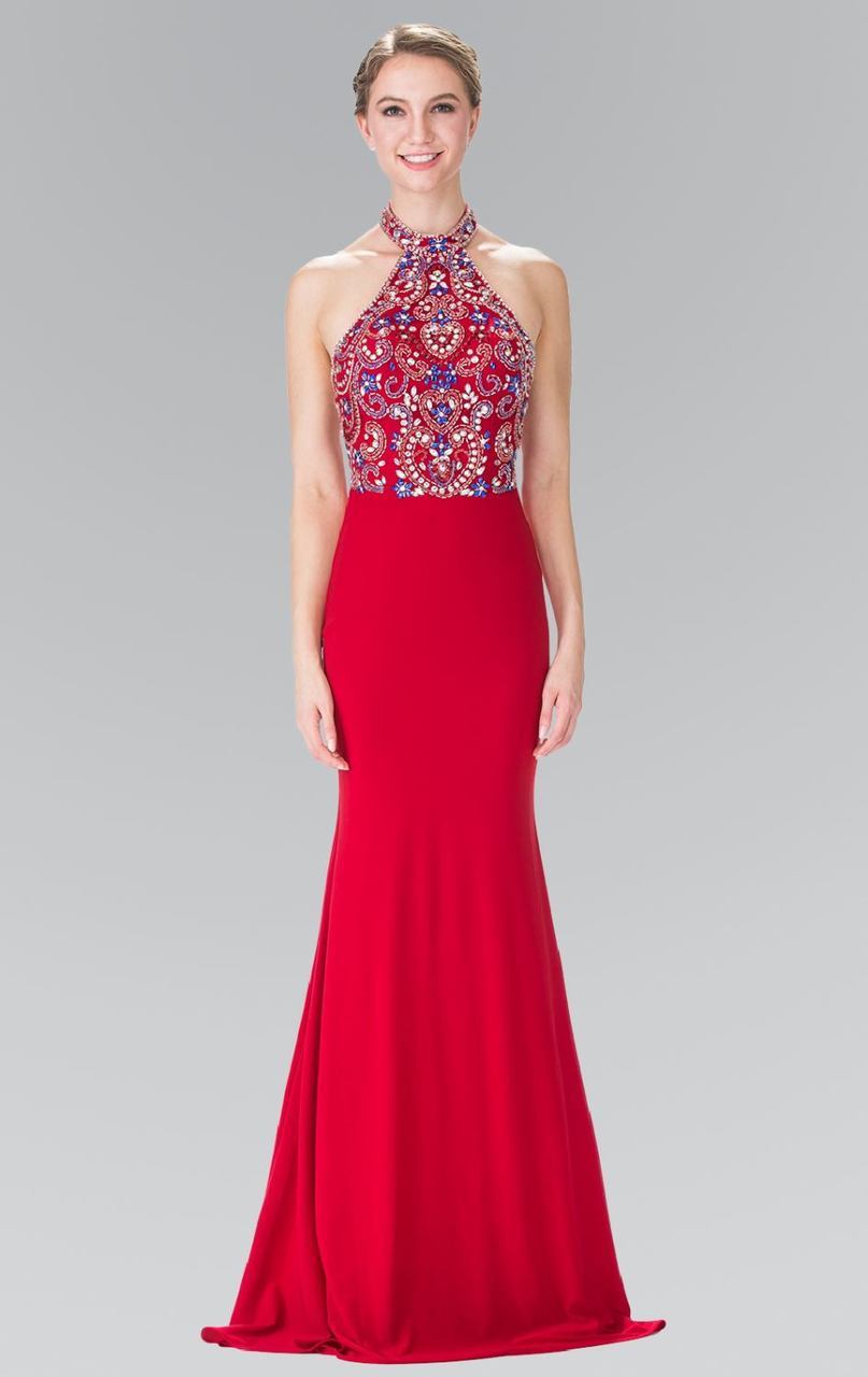 Elizabeth K - GL2279 Beaded Halter Neck Rome Jersey Sheath Dress Special Occasion Dress XS / Red