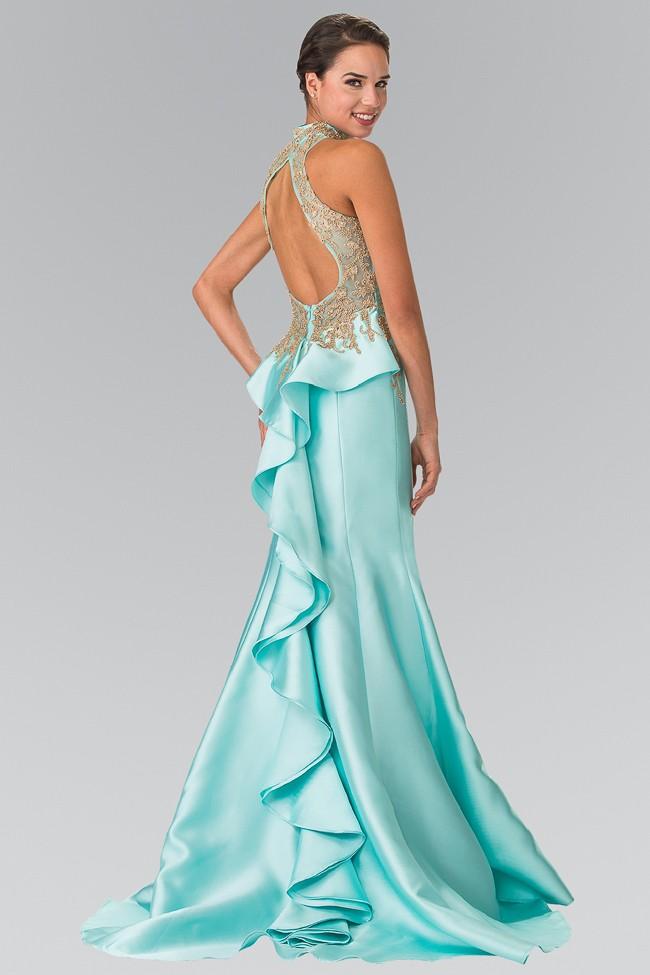 Elizabeth K GL2280 - Long Mermaid Dress - Embroidered Bodice, Sheer High Neckline, Back Hole, Back Zipper, Peplum ADASA Elizabeth K GL2280 - Long Mermaid Dress - Embroidered Bodice, Sheer High Neckline, Back Hole, Back Zipper, Peplum ADASA