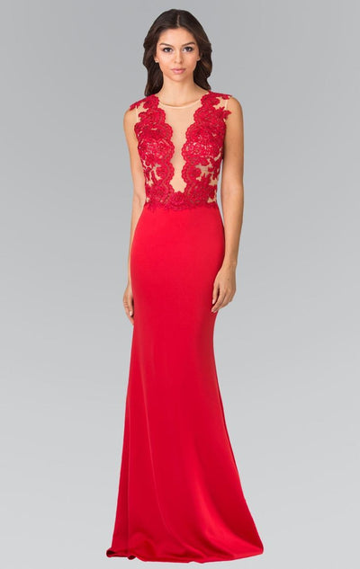 Elizabeth K - GL2286 Laced Illusion High Neck Jersey Trumpet Dress Special Occasion Dress XS / Red