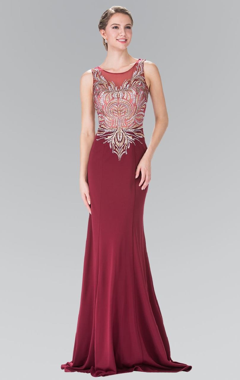 Elizabeth K - GL2323 Embellished Scoop Neck Rome Trumpet Dress Special Occasion Dress XS / Burgundy