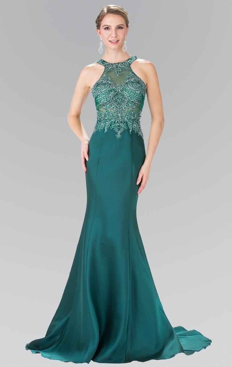 Elizabeth K - GL2325 Embellished High Neck Jersey Trumpet Dress Special Occasion Dress XS / Green