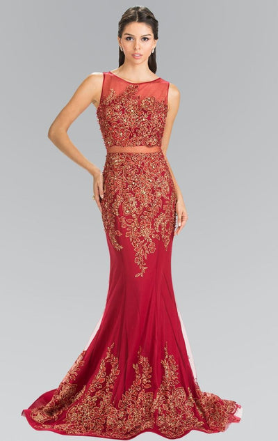 Elizabeth K - GL2338 Embellished Illusion Bateau Jersey Trumpet Dress Special Occasion Dress XS / Burgundy