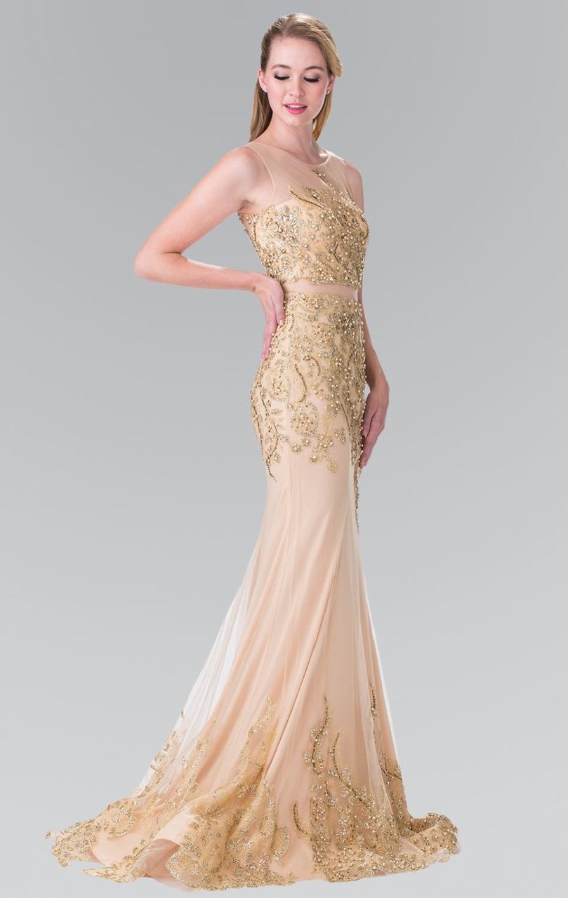 Elizabeth K - GL2338 Embellished Illusion Bateau Jersey Trumpet Dress Special Occasion Dress XS / Champagne