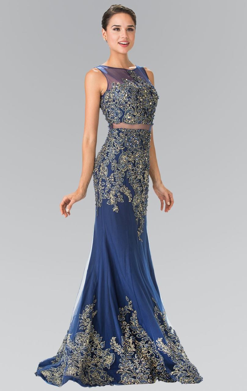 Elizabeth K - GL2338 Embellished Illusion Bateau Jersey Trumpet Dress Special Occasion Dress XS / Navy