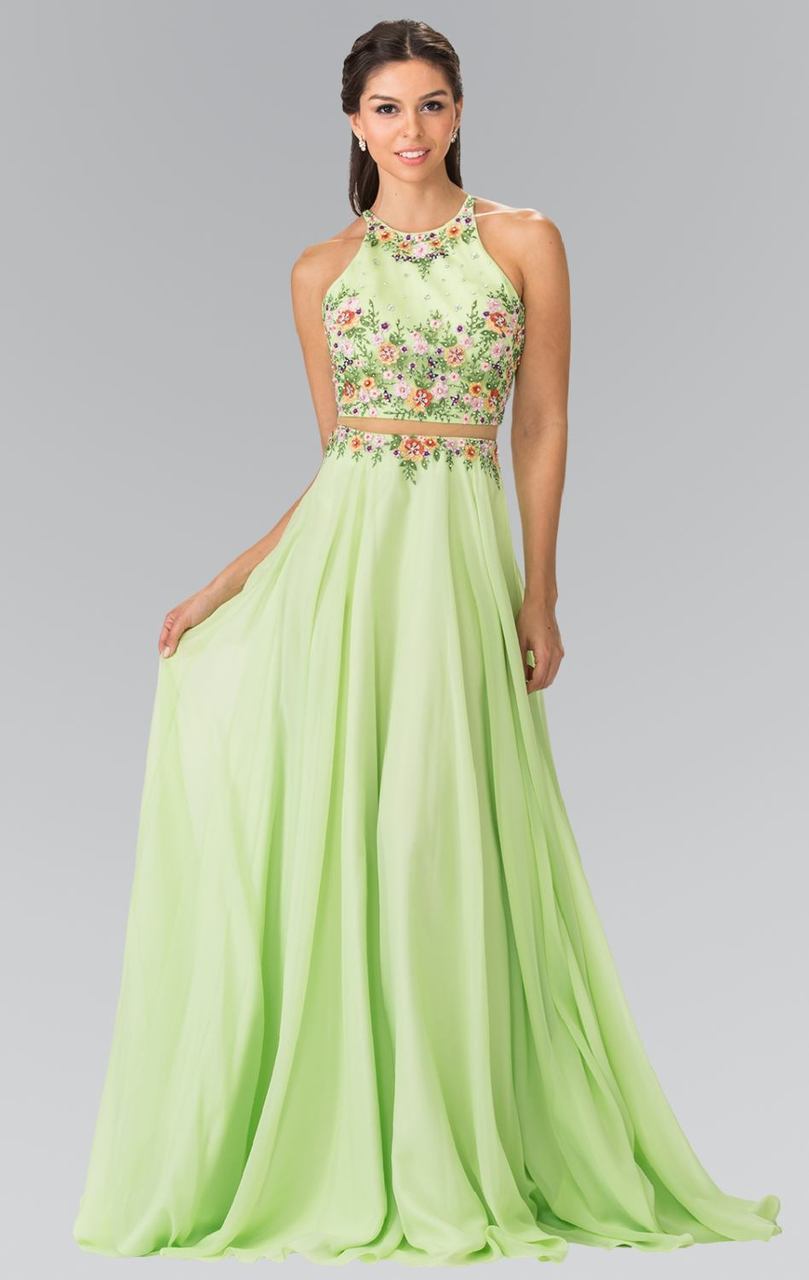 Elizabeth K - GL2340 Embellished Halter Neck Chiffon A-Line Dress Special Occasion Dress XS / Neon Green
