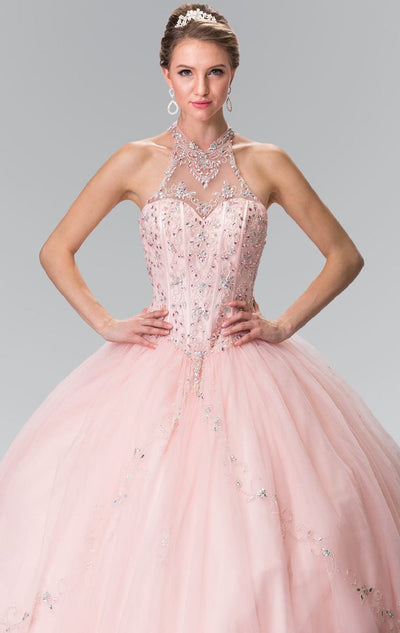 Elizabeth K - GL2348 Bead Embellished Halter Neck Tulle Ballgown Special Occasion Dress