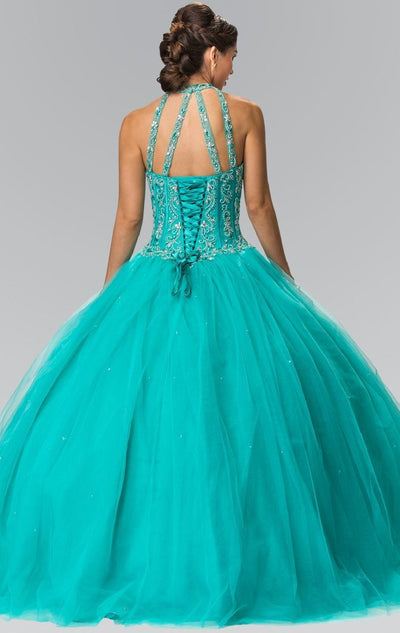 Elizabeth K - GL2348 Bead Embellished Halter Neck Tulle Ballgown Special Occasion Dress