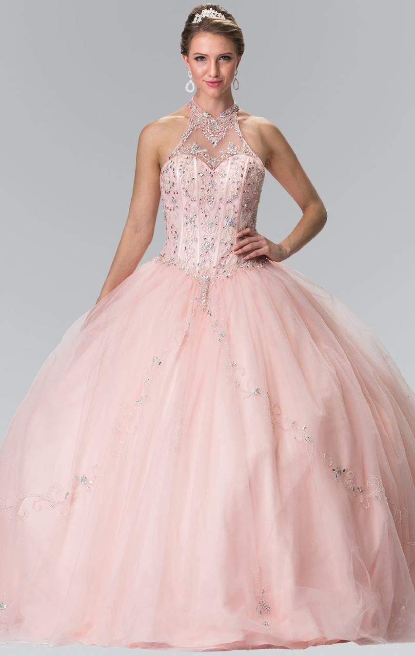 Elizabeth K - GL2348 Bead Embellished Halter Neck Tulle Ballgown Special Occasion Dress XS / Blush