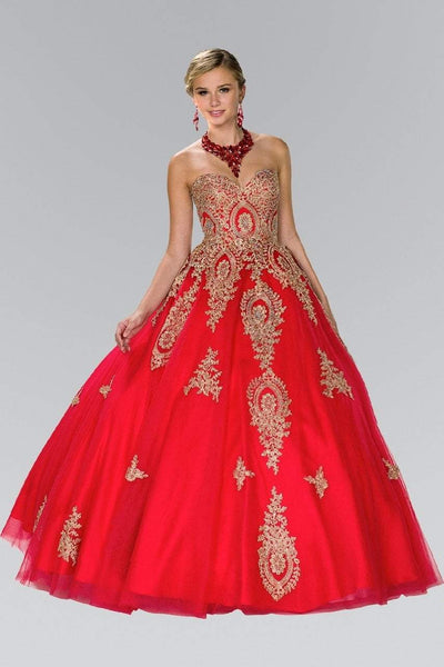 Elizabeth K - GL2379 Strapless Sweetheart Gilt Lace Ballgown Special Occasion Dress XS / Red