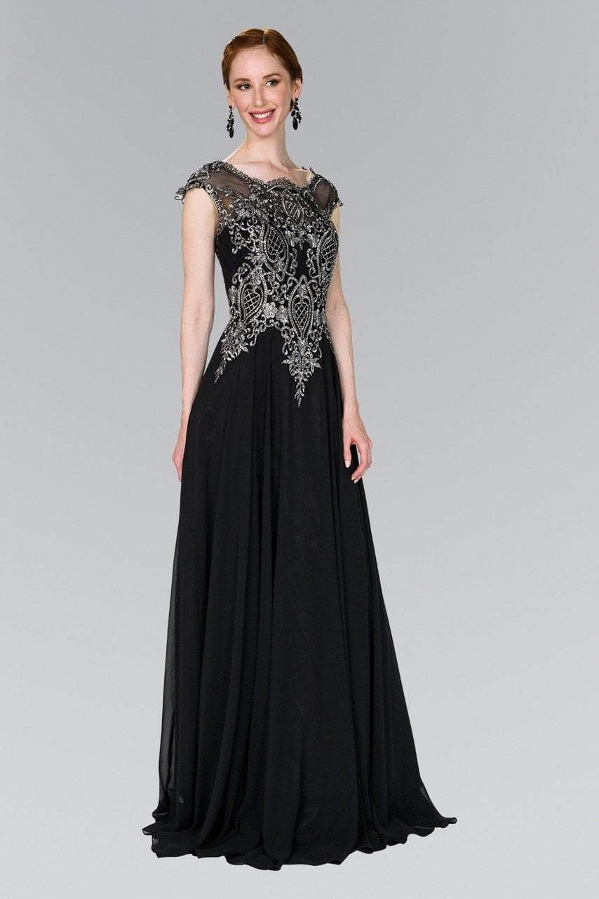 Elizabeth K - GL2407 Cap Sleeve Gilt Embroidered Bodice Gown Special Occasion Dress XS / Black/Silver