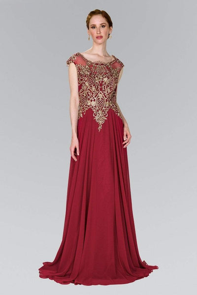 Elizabeth K - GL2407 Cap Sleeve Gilt Embroidered Bodice Gown Special Occasion Dress XS / Burgundy/Gold